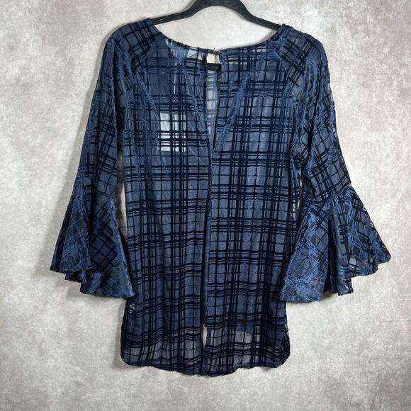 LC Lauren Conrad Runway Blouse Womens Medium Navy Blue Plaid‎ Sheer Bell Sleeve - Picture 4 of 10